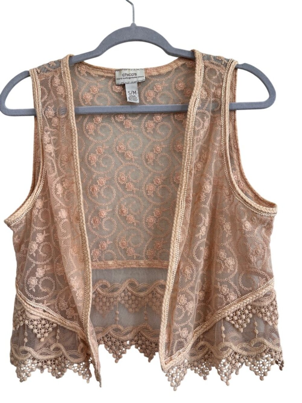 Chicos Boho Romantic Fairy Vest Floral Embroidered Sheer Crochet Beige S/M